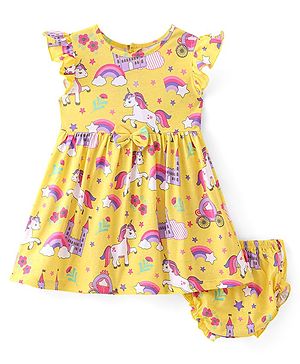 Babyhug Single Jersey Knit Frill Sleeves Frock with Bloomer Unicorn Print & Bow Applique - Lemon