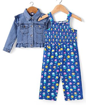 Babyhug Single Jersey Knit Smocking Detailed Floral Printed Jumpsuit With Full Sleeves Denim Jacket - Blue