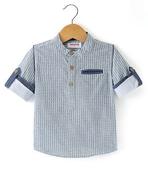 Babyhug Cotton Woven Full sleeves Mandarin Collar Shirt with Kurta Print - White & Blue