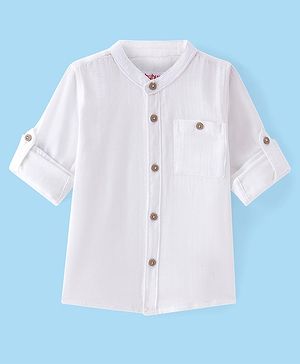 Babyhug Cotton Woven Full Sleeves Mandarin Collar Solid Shirt - White