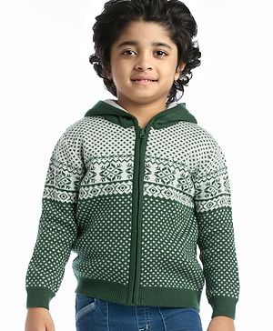 Babyhug Knitted Full Sleeves Hooded Front Open Sweater With Aztec Design- Green
