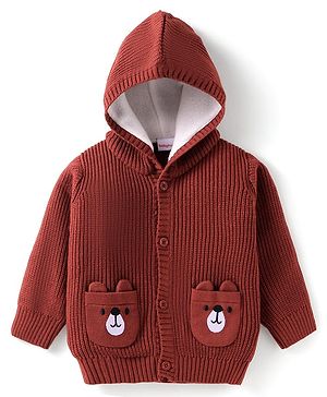Babyhug Knitted Full Sleeves Front Open Hooded Sweater with Bear Embroidery & Applique - Dark Red