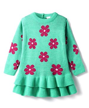 Babyhug Knitted Full Sleeves Layered Woollen Frock with Floral Design - Turquoise & Red