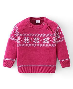 Babyhug Knitted Full Raglan Sleeves Pullovers Sweater With Floral Design - Pink