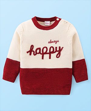 Babyhug Knitted Full Sleeves Pullover Sweater with Colour Block Design & Text Embroidery - Cream & Red