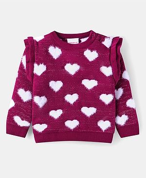 Babyhug Knitted Full Sleeves Pullover Sweater With Heart Design - Wine