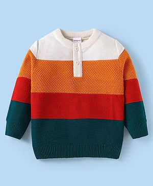 Babyhug Knit Full  Sleeves Pullover Sweater with Stripes Design - Orange Red & Dark Green