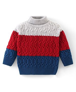 Babyhug Knitted Full Sleeves Turtle Neck Pullovers Sweater With Colour Block & Cable Knit Design - Multicolour