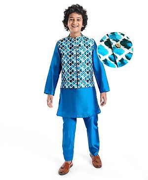 Pine Kids Woven Full Sleeves Solid Kurta Pyjama Set with Printed Jacket - Teal Blue