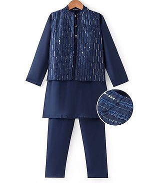 Pine Kids Woven Full Sleeves Kurta Pyjama Set with Sequined Detailed Modi Jacket - Navy Blue