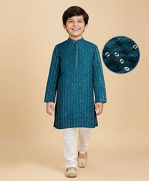 Pine Kids Woven Full Sleeves Sequinned Kurta Pyjama Set - Teal Blue