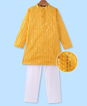 Pine Kids Woven Full Sleeves Sequinned Kurta Pyjama Set - Mustard