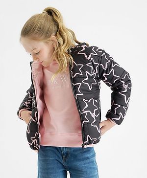 Primo Gino Woven Full Sleeves Star Printed Hooded Puffer Jacket - Grey & Pink