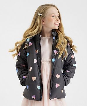 Primo Gino Woven Full Sleeve Heart Printed Puffer Jacket with Removable Hood - Black