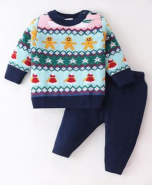 Babyhug Knitted Full Sleeves Pullover Sweater Set With Christmas Theme Design - Navy Blue