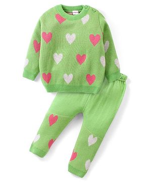 Babyhug Knit Full Sleeves Sweater Set With Hearts Design - Green