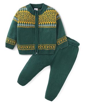 Babyhug Knitted Full Sleeves Front Open Sweater Set with Intarsia Design - Dark Green