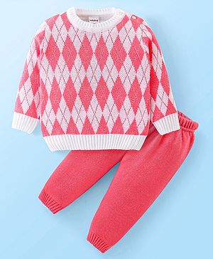 Babyhug Knit Full Sleeves Sweater Set With Argyle Design - Pink