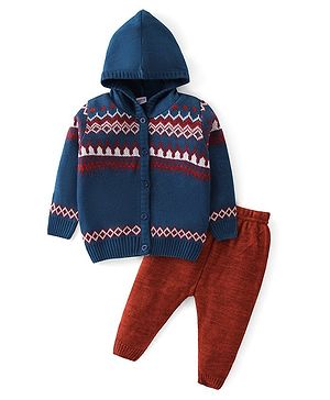 Babyhug Knit Full Sleeves Front Open Hooded Sweater Set With Aztec Design - Navy Blue
