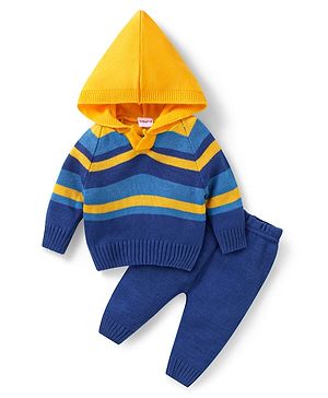 Babyhug Knit Full Raglan Sleeves Striped Hooded  Sweater Set - Navy & Yellow