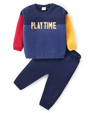 Babyhug Knitted Full Sleeves Pullover Sweater Set with Text Embroidery - Navy Blue & Yellow