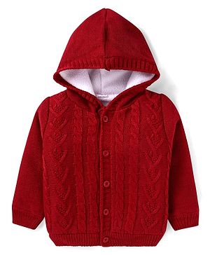 Babyhug Knitted Full Sleeves Front Open Solid Colour Hooded Sweater - Red