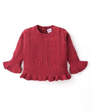 Babyhug Knitted Full Bell Sleeves Pullover Sweater with Floral Design - Rust