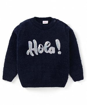 Babyhug Knit Full Sleeves Pullover Sweater with Sequinned Text Design - Navy Blue