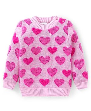 Babyhug Knitted Full Sleeves Pullover Sweater with Hearts Design - Pink