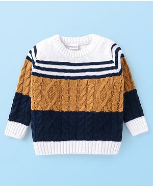 Babyhug Knitted Full Sleeves Pullover Sweater with Cable Knit & Striped Design - White Brown & Black
