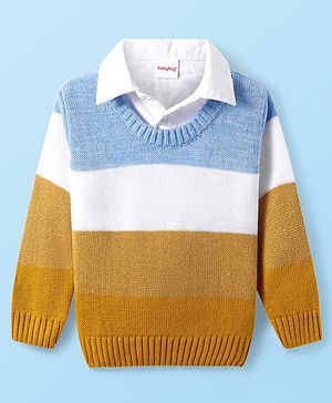 Babyhug Knitted Full Sleeves Collared Colour Block Pullover Sweater - Mustard Blue & White