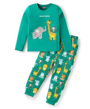 Babyhug Cotton Knit Full Sleeves Night Suit with Wild Animal Print - Sea Green