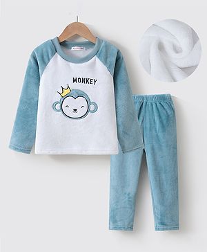 Kookie Kids Full Sleeves Winter Wear Night Suit with Monkey Embroidery - Blue & White