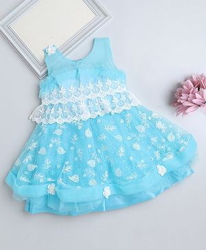 The Magic Wand Sleeveless Lace Embellished & Leaves Printed Flared Dress - Blue