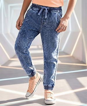 Pine Kids Cotton Rich Stretchable Full Length denim Joggers with Cloud Wash - Ice Blue
