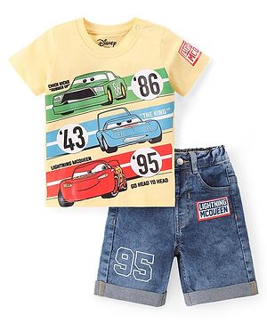 Babyhug Disney Cotton Knit Half Sleeves T-Shirt & Denim Shorts Set With Cars Graphics - Yellow & Blue