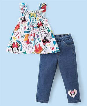 Babyhug Disney Cotton Knit Sleeveless Top & Denim Pants Set With Minnie Mouse Graphics - Multicolor