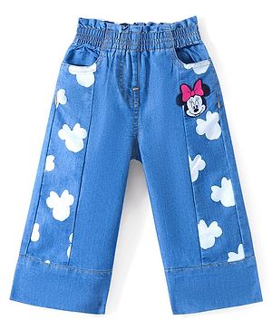 Babyhug Disney Cotton Knit Full Length  Denim Jeans with Minnie Mouse Print - Blue