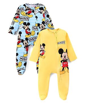 Babyhug Disney Single Jersey Knit Full Sleeves Sleep Suits With Mickey Mouse Graphics Pack Of 2 - Yellow & Blue
