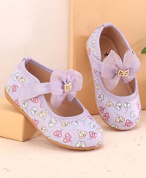 Cute Walk by Babyhug Slip On Ballerina with Velcro Closure & Bow Butterflies Print  - Purple