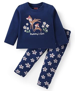 Babyhug Cotton Knit  Full Sleeves Deer & Floral Print Night Suit - Navy Blue