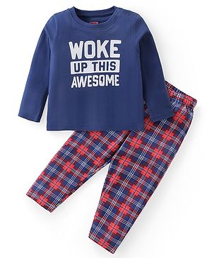 Babyhug Cotton Knit Full Sleeves Night Suit With Text Print - Multicor