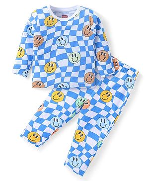 Babyhug Cotton Knit Full Sleeves Night Suit With Smiley Print - Blue