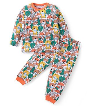 Babyhug Cotton Knit Full Sleeves Night Suit With Teddy Bear Print - Multicolor