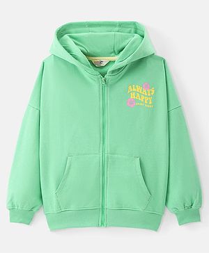 Primo Gino 100% Cotton Knit Full Sleeves Front Open Hooded Sweatjacket With Text Print & Kangaroo Pocket - Green