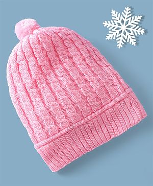 Babyhug Woollen Cable Knit Design Cap With Pom Pom - Pink