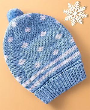 Babyhug Woolen Knitted Design Cap With Pom Pom - Blue