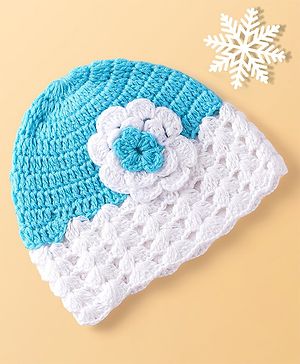Babyhug Woolen Knitted Crochet Design Cap - Blue & White