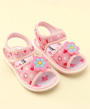 Cute Walk by Babyhug Velcro Closure Musical Sandals With Floral Applique- Pink