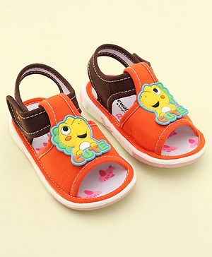 Cute Walk by Babyhug Slip On Musical Sandals with Dino Applique & Velcro Closure - Orange